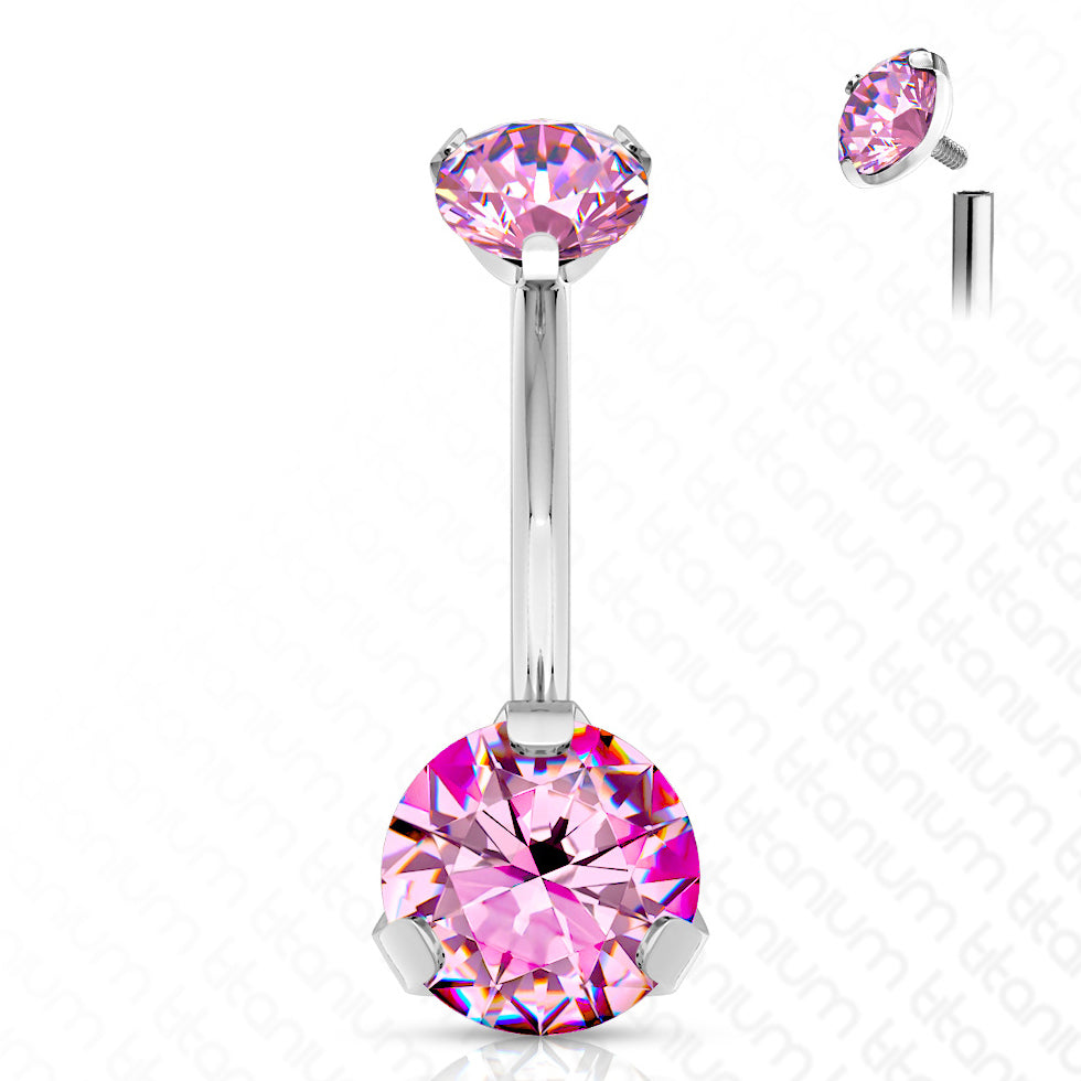 Prong CZ Titanium Belly Barbell Belly Ring 14g - 3/8" long (10mm) - 5&8mm ends Pink CZ