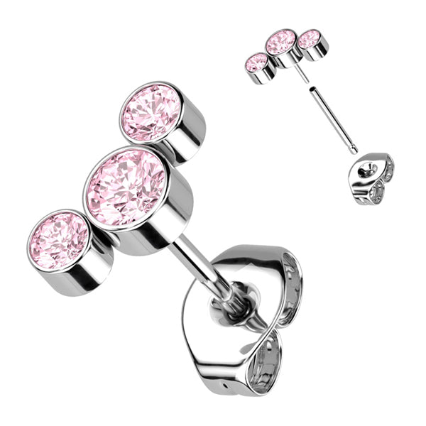 Triple CZ Titanium Stud Earrings Earrings 20 gauge Pink CZ