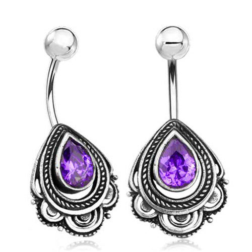 Sterling Silver CZ Drop Belly Ring Belly Ring 14g - 3/8" long (10mm) Purple