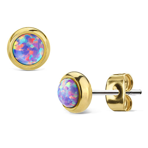 Opal Bezel Gold Stud Earrings Earrings 20g - 6mm opals Purple