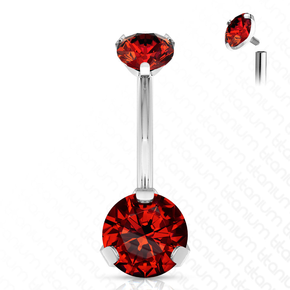 Prong CZ Titanium Belly Barbell Belly Ring 14g - 3/8" long (10mm) - 5&8mm ends Red CZ