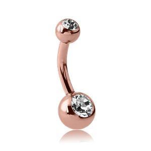 Mini Double CZ Rose Gold Belly Barbell Belly Ring 14g - 3/8" long (10mm) - 4&6mm balls Clear