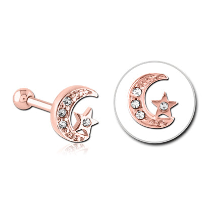 Moon & Star Rose Gold Cartilage Barbell Cartilage 16g - 1/4
