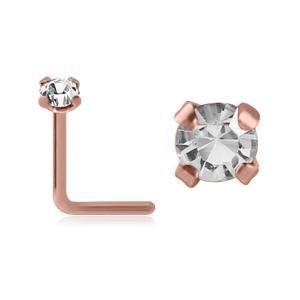 Prong CZ Rose Gold L-Bend Nose Stud Nose 18g - 1/4" wearable (6.5mm) 2.0mm Clear CZ