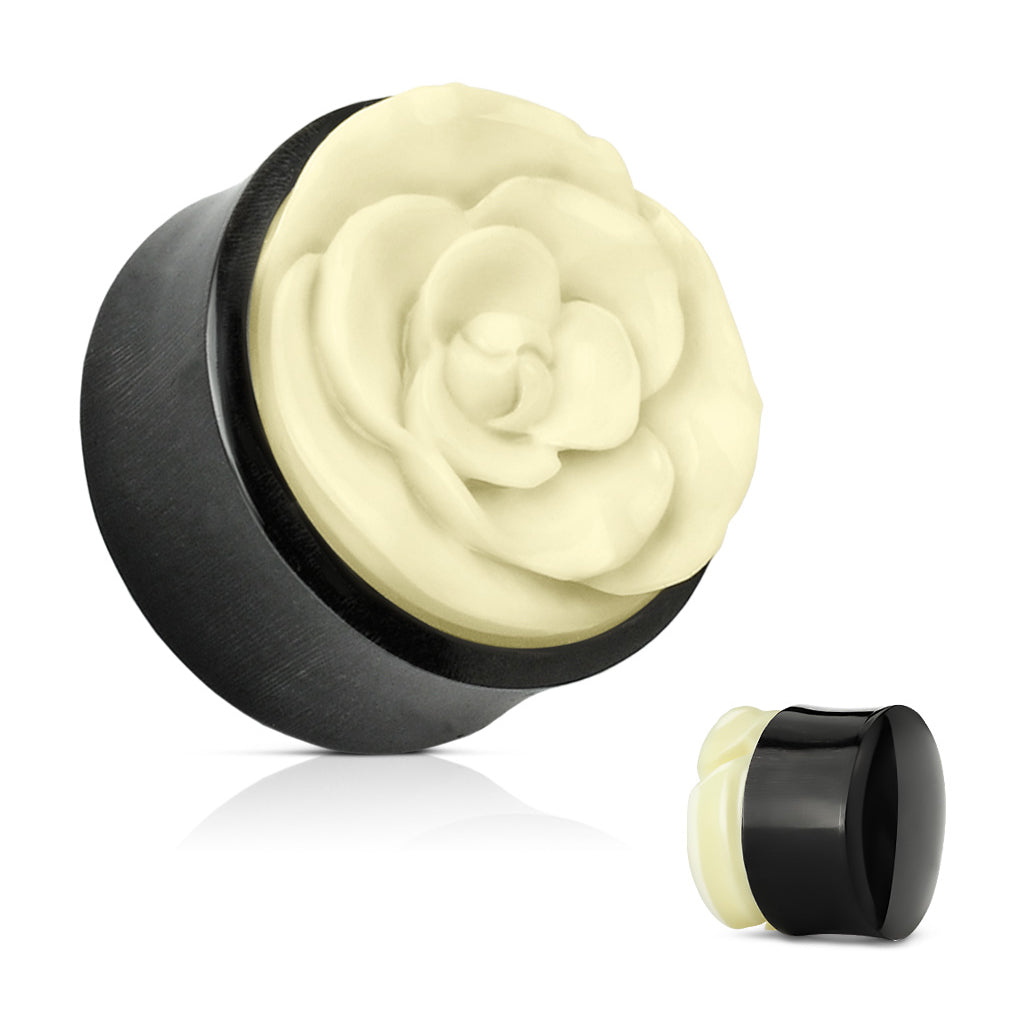Rose Inlay Horn Plugs Plugs 0 gauge (8mm) Black Horn