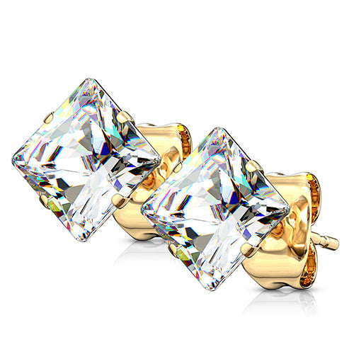 Square CZ Gold Stud Earrings Earrings 22g - 3mm gems Gold