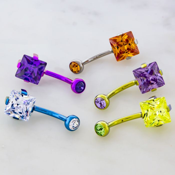 Square CZ Titanium Belly Barbell Belly Ring 14g - 3/8