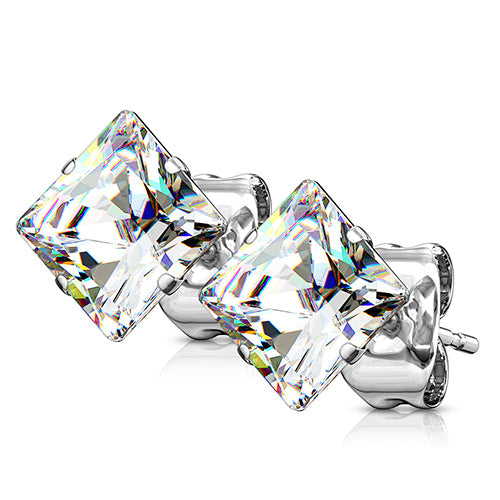 Square CZ Stainless Stud Earrings Earrings 22g - 3mm gems Clear