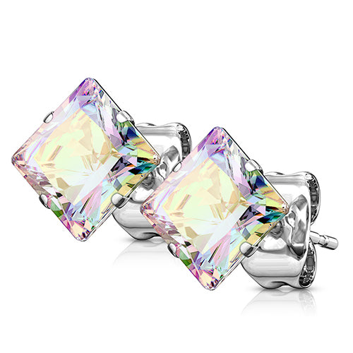 Square CZ Stainless Stud Earrings Earrings 22g - 3mm gems Opalescent