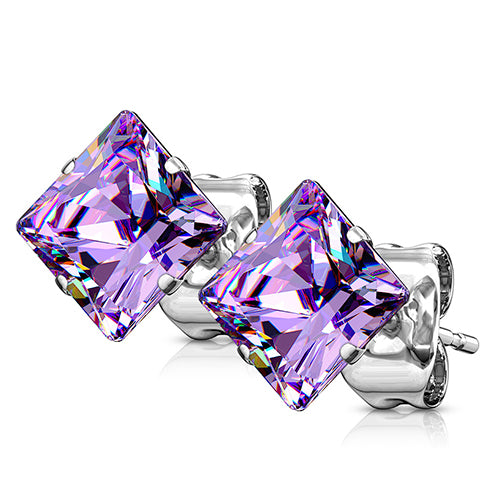 Square CZ Stainless Stud Earrings Earrings 22g - 3mm gems Light Purple