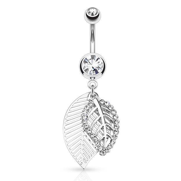 Leaf CZ Belly Dangle Belly Ring 14g - 3/8" long (10mm) Stainless