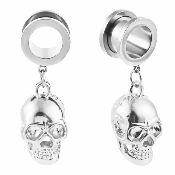 Skull Dangle Stainless Screw Tunnels Plugs 2 gauge (6mm) stainless steel