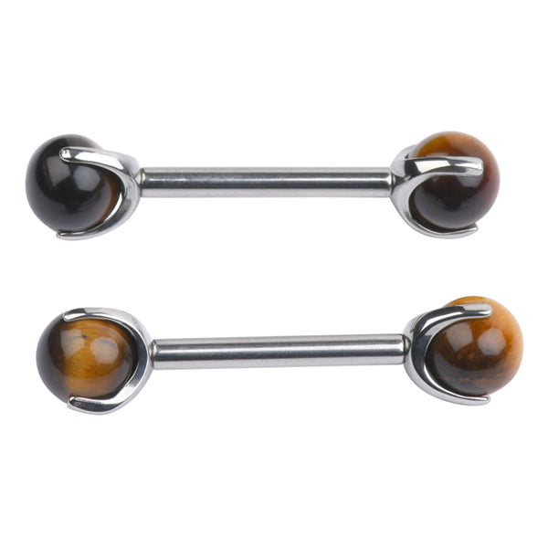 Tiger Eye 3-Prong Titanium Nipple Barbells Nipple Barbells 14g - 3/8" long (10mm) - 5mm balls High Polish (silver)