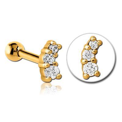 Triple CZ Gold Cartilage Barbell Cartilage 16g - 1/4" long (6mm) Gold