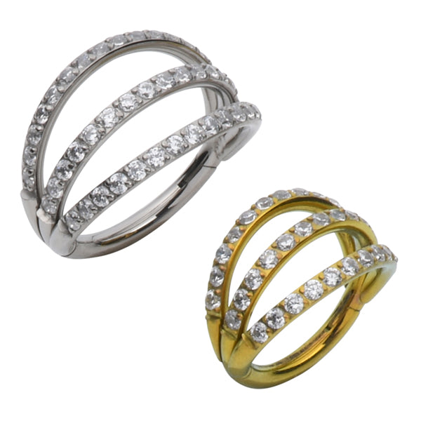 Triple Side Spaced CZ Titanium Hinged Ring Hinged Rings 16g - 3/8" diameter (10mm) High Polish (silver)