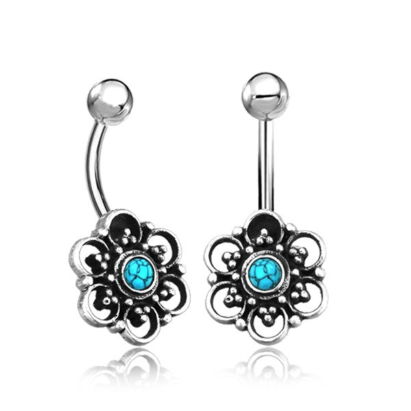 Flower Sterling Silver Belly Barbell Belly Ring 14g - 3/8" long (10mm) Turquoise