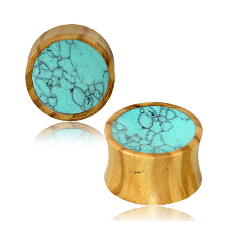 Turquoise Inlay Olive Wood Plugs Plugs 7/8 inch (22mm) Olive Wood