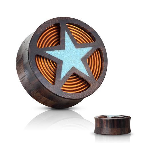 Crushed Turquoise Star & Copper Coil Wood Plugs Plugs 9/16 inch (14mm) Sono Wood