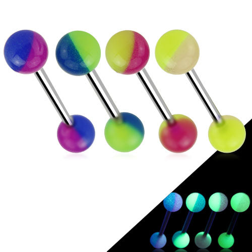 Two-Tone Glow Straight Barbell Straight Barbells 14g - 5/8" long (16mm) - 6mm balls Purple/Blue