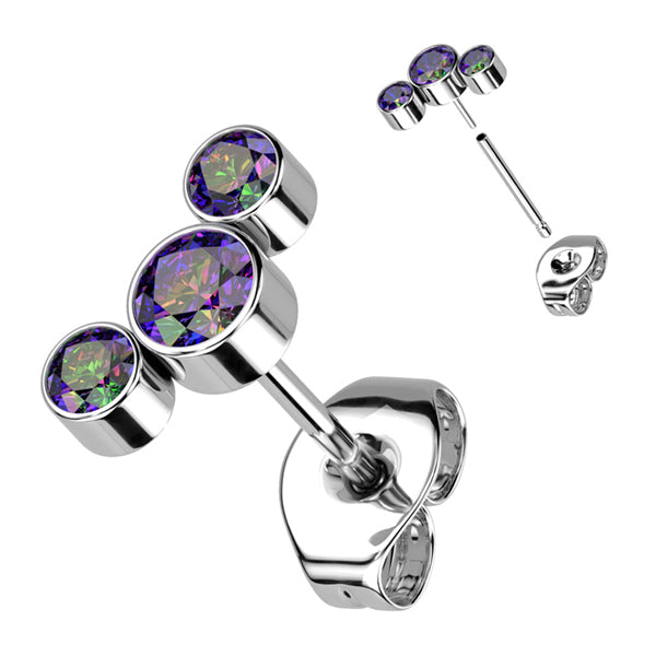 Triple CZ Titanium Stud Earrings Earrings 20 gauge Vitrail Medium