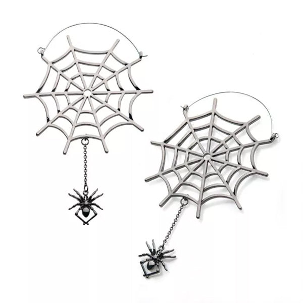 Web & Spider Dangle Tunnel Hoops Earrings 20 gauge Silver