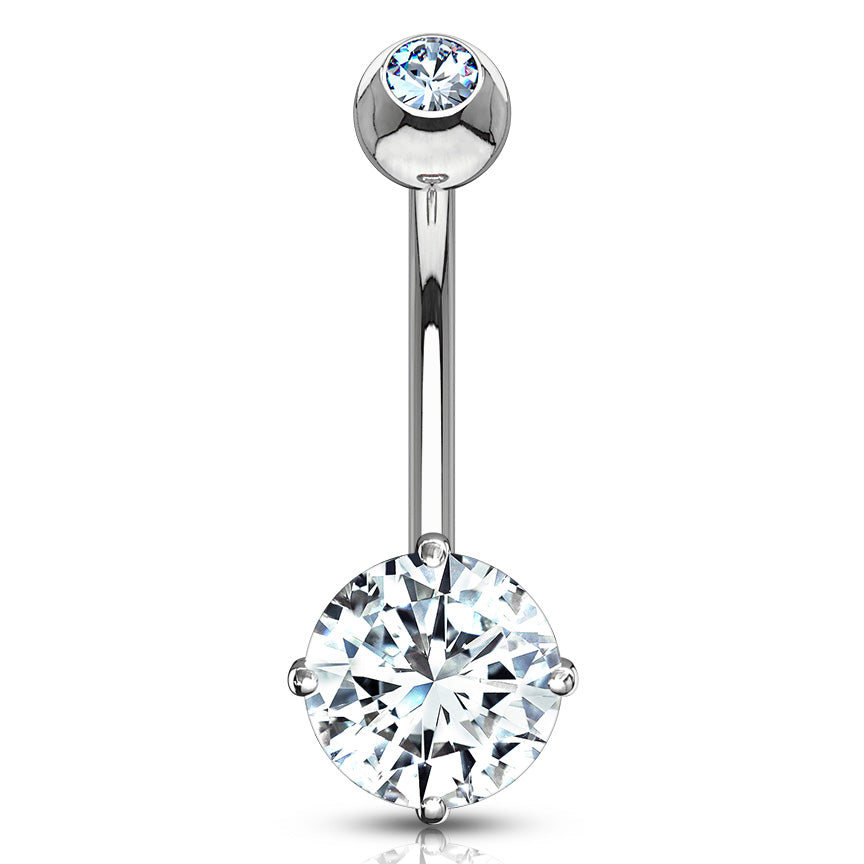 Round CZ White 14k Gold Belly Barbell Belly Ring 14 gauge - 3/8