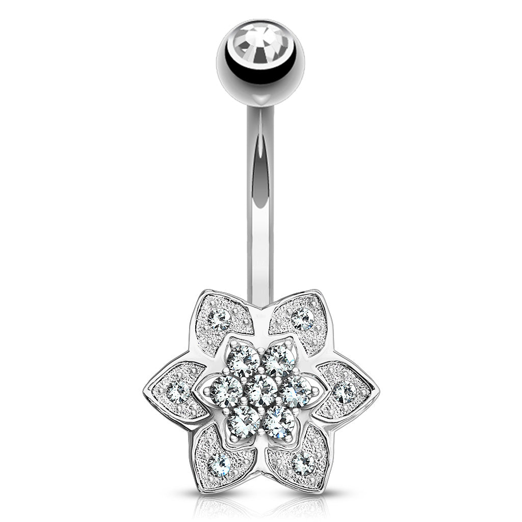 6-Petal CZ White 14k Gold Belly Barbell Belly Ring 14g - 3/8