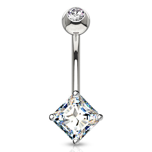 Square CZ White 14k Gold Belly Barbell Belly Ring 14 gauge - 3/8