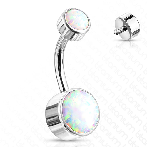 Mini Bezel Opal Titanium Belly Barbell Belly Ring 14g - 3/8