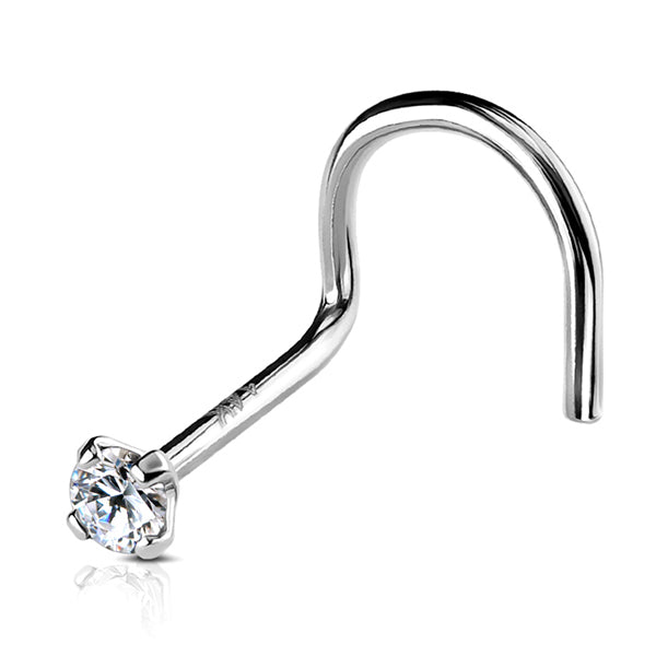 CZ White 14k Gold Nostril Screw Nose 20g - 1/4" long (6mm) - 2mm CZ Clear CZ