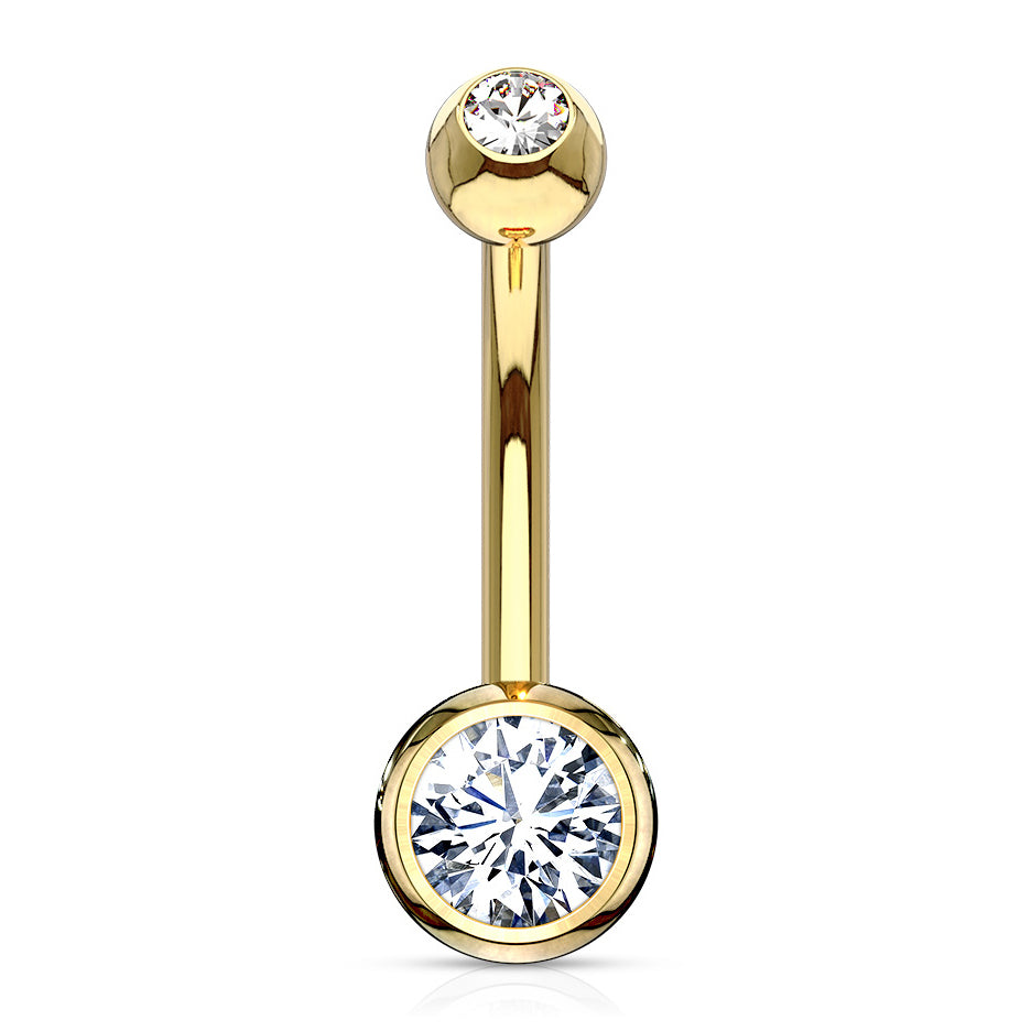 Bezel CZ Yellow 14k Gold Belly Barbell Belly Ring 14g - 3/8
