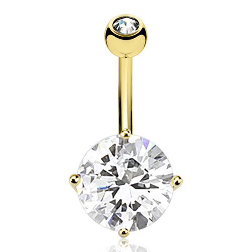 10mm Round CZ Yellow 14k Gold Belly Barbell Belly Ring 14 gauge - 3/8