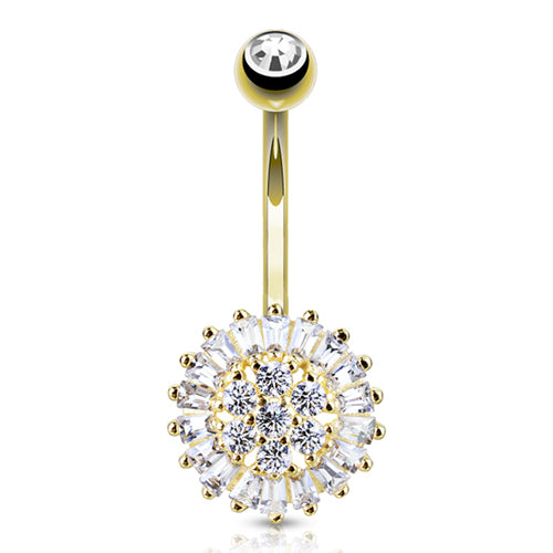 Burst CZ Yellow 14k Gold Belly Barbell Belly Ring 14g - 3/8" long (10mm) Yellow 14k Gold