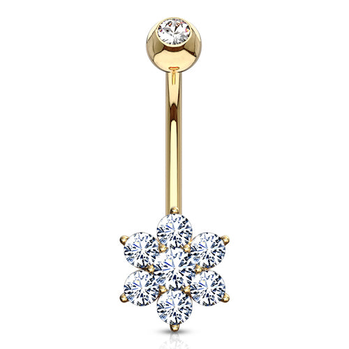 Flower CZ Yellow 14k Gold Belly Barbell Belly Ring 14 gauge - 3/8
