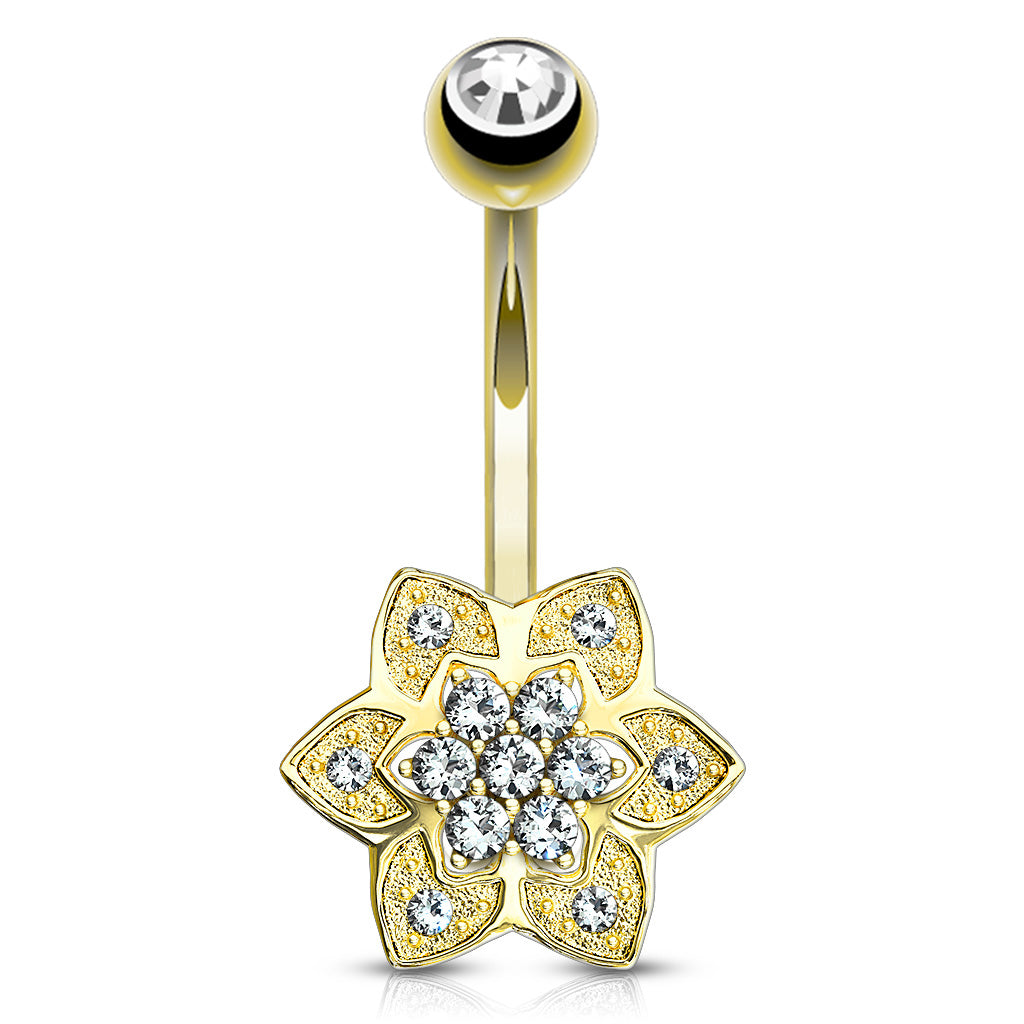6-Petal CZ Yellow 14k Gold Belly Barbell Belly Ring 14 gauge - 3/8
