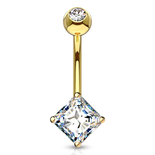 Square CZ Yellow 14k Gold Belly Barbell Belly Ring 14 gauge - 3/8