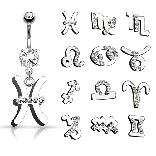 Zodiac Sign Belly Dangle Belly Ring 14g - 3/8" long (10mm) Stainless Steel