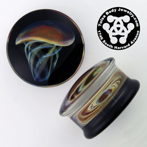 Jellyfish Plugs by Glasswear Studios Plugs 1 inch (26mm) Amber/Purple on Black