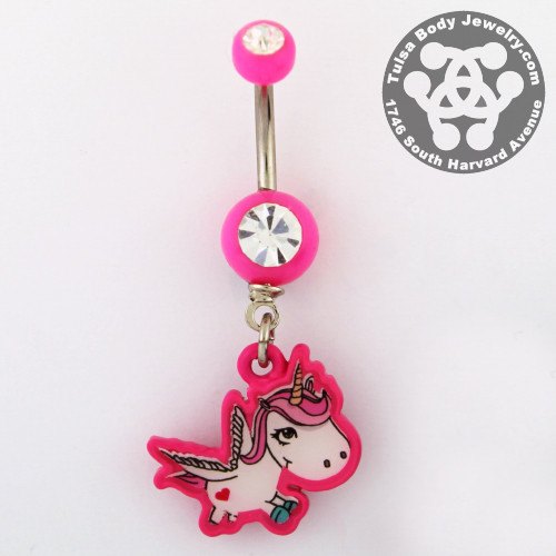 Adorable Unicorn Belly Dangle Belly Ring 14 gauge - 3/8" long (10mm) Pink