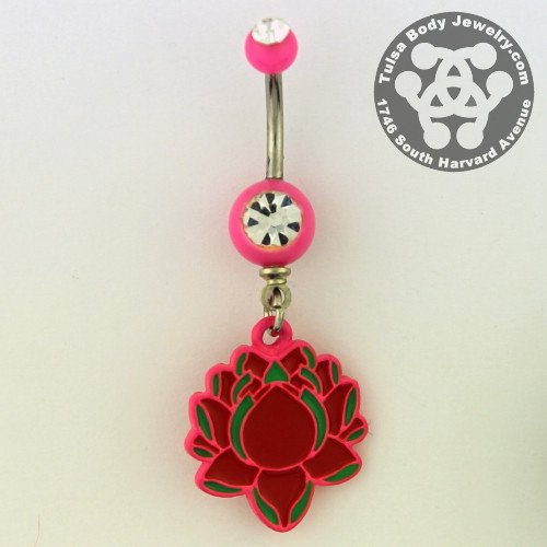 Bright Lotus Belly Dangle Belly Ring 14g - 3/8" long (10mm) Pink