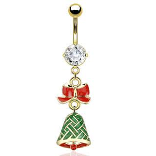 Christmas Bell Belly Dangle Belly Ring 14g - 3/8" long (10mm) Gold