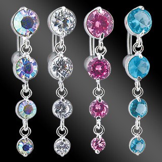 Four CZ Reverse Belly Dangle Belly Ring 14g - 3/8