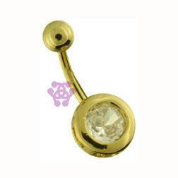 Bezel CZ Gold Belly Barbell Belly Ring 14 gauge - 3/8" long (10mm) Gold