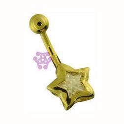 Bezel CZ Star Gold Belly Barbell Belly Ring 14 gauge - 3/8" long (10mm) Gold