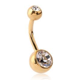 Double CZ Gold Belly Barbell Belly Ring 14g - 3/8
