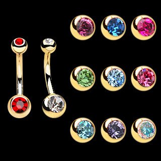 Mini Double CZ Gold Belly Barbell Belly Ring 14g - 3/8