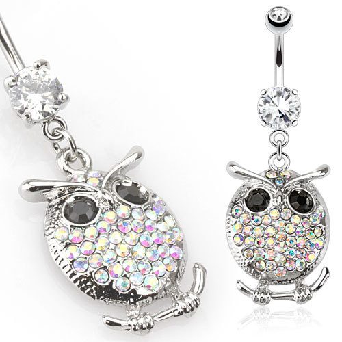 Opalescent CZ Owl Belly Dangle Belly Ring  