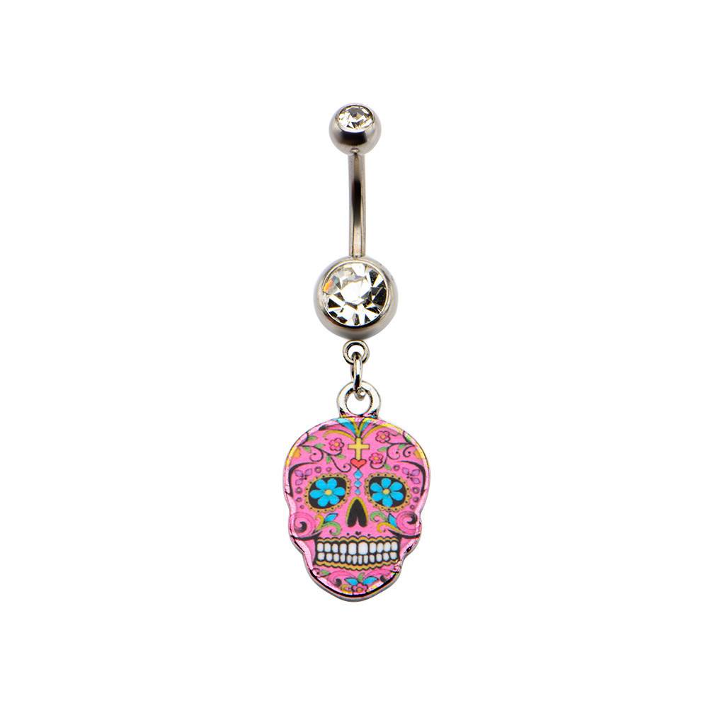 Pink Sugar Skull Belly Dangle Belly Ring  