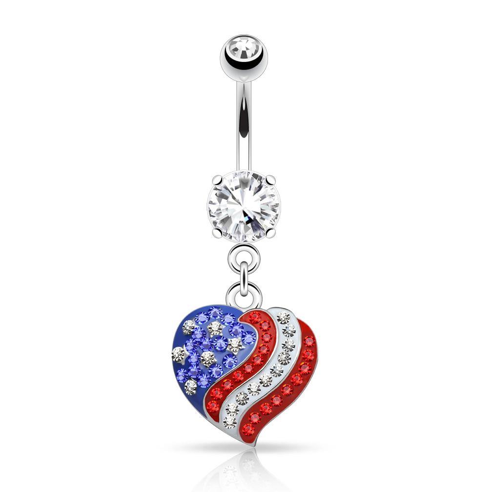 CZ Love America Belly Dangle Belly Ring 14g - 3/8" long (10mm) Stainless Steel