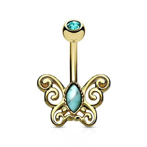 Filigree Butterfly CZ Belly Ring Belly Ring 14 gauge - 3/8" long (10mm) Gold